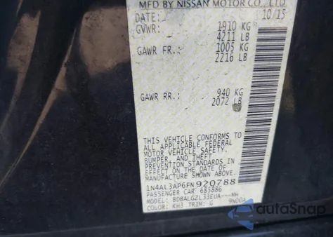 2015 Nissan Altima 2.5 S z USA, uszkodzony, nr VIN 1N4AL3AP6FN920788